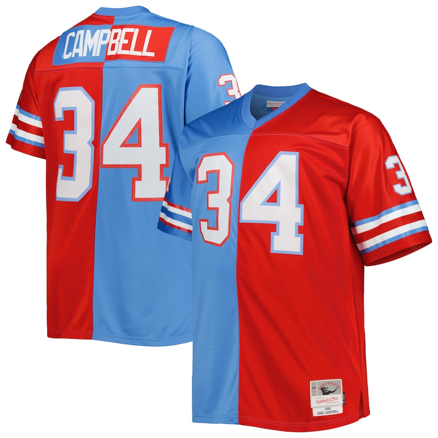 Mens Houston Oilers Earl Campbell Light Blue/Red Big & Tall Gridiron Classics Split Legacy Retired Player Replica Jersey