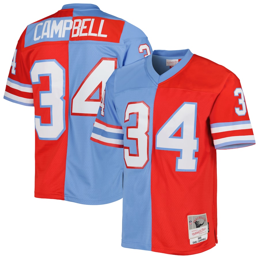 Mens Houston Oilers Earl Campbell Red/Light Blue Gridiron Classics 1980 Split Legacy Replica Jersey