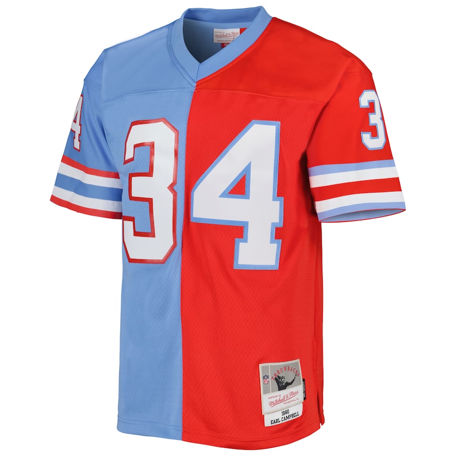 Mens Houston Oilers Earl Campbell Red/Light Blue Gridiron Classics 1980 Split Legacy Replica Jersey