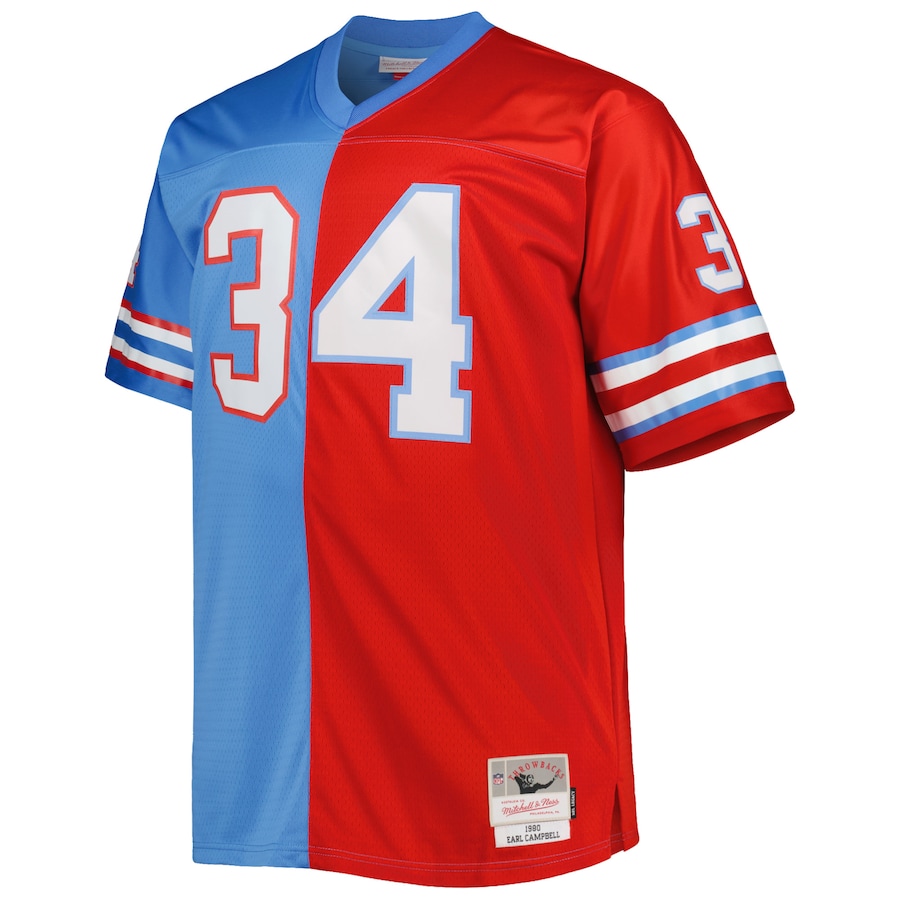 Mens Houston Oilers Earl Campbell Light Blue/Red Big & Tall Gridiron Classics Split Legacy Retired Player Replica Jersey