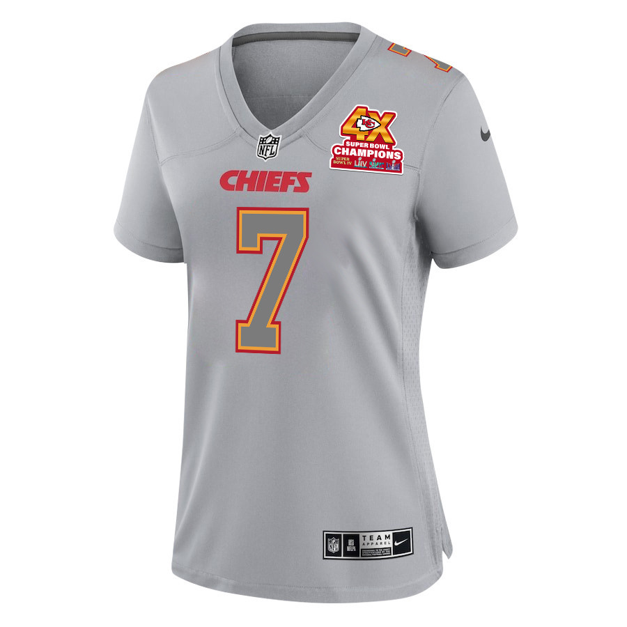 Harrison Butker 7 Kansas City Chiefs Super Bowl LVIII Champions 4X Atmosphere Fashion Game Women Jersey - Gray