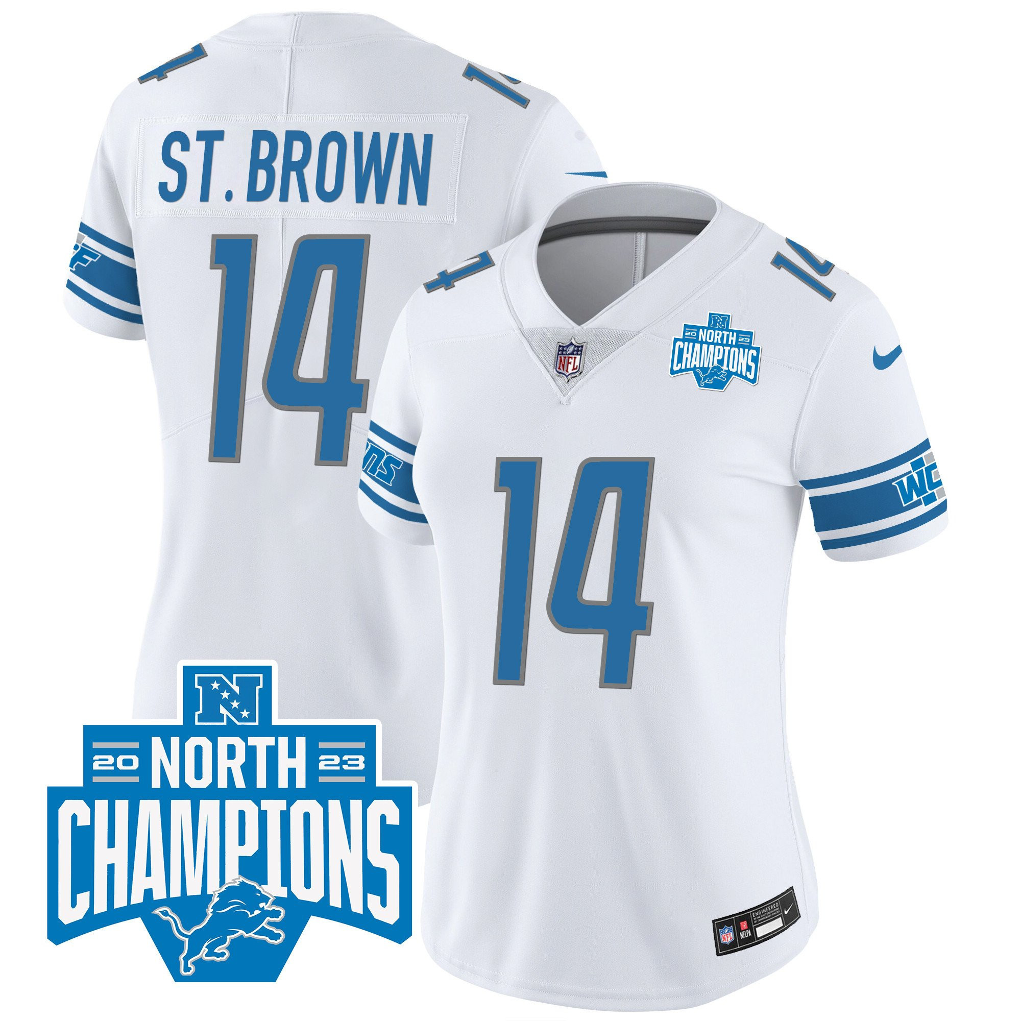 Amon-Ra St. Brown 14 Detroit Lions 2023 NFC North Division Champions Patch Women Game Jersey - White