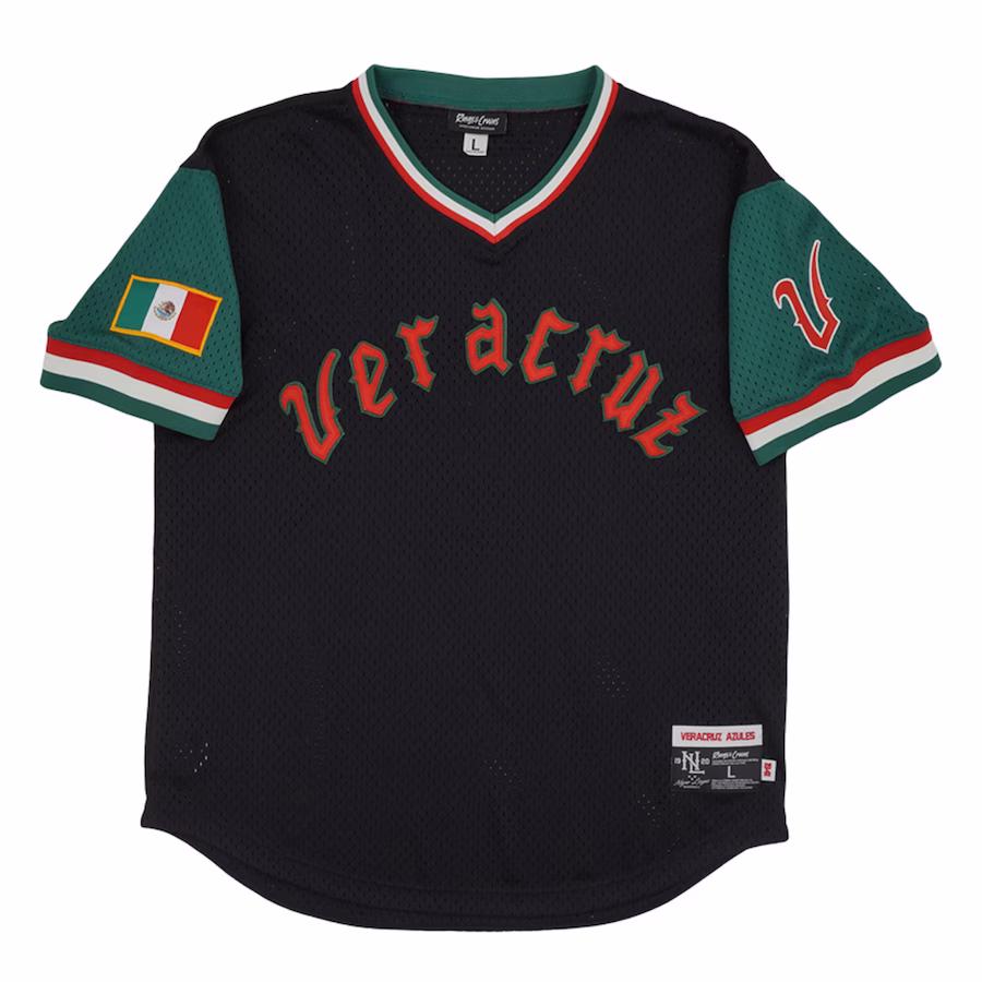 Men's Azules de Veracruz #7 Rings & Crwns Black/Green Mesh Replica V-Neck Jersey
