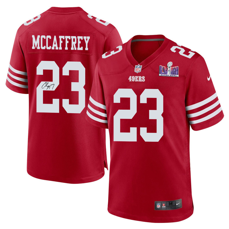 Christian McCaffrey 23 Signed San Francisco 49ers Super Bowl LVIII Game Men Jersey - Scarlet