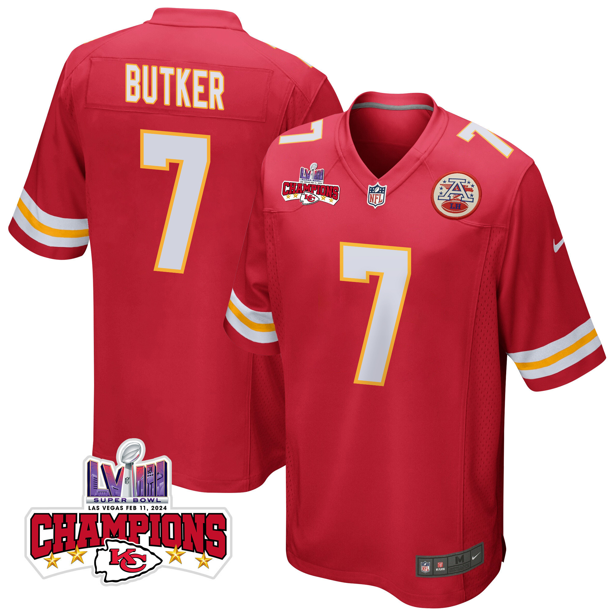 Harrison Butker 7 Kansas City Chiefs Super Bowl LVIII Champions 4 Stars Patch Game Men Jersey - Red
