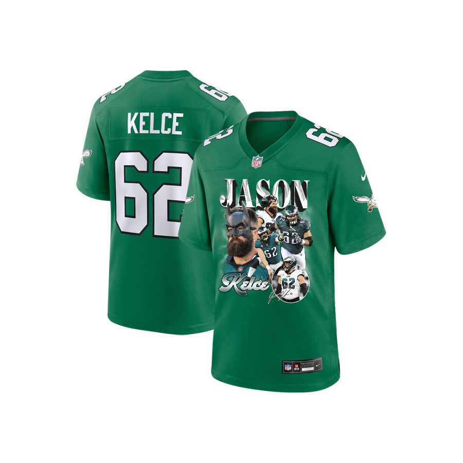 Jason Kelce 62 Philadelphia Eagles Fat Batman Signed Game YOUTH Jersey - Kelly Green