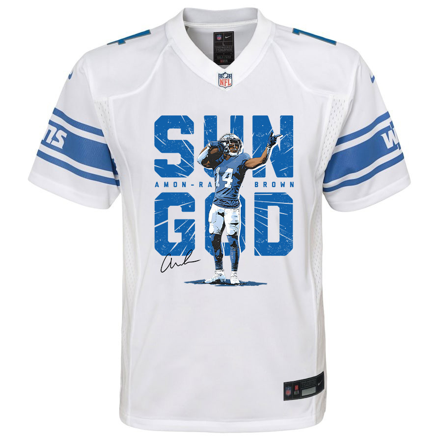 Amon-Ra St. Brown 14 Detroit Lions Signed Scratch Sun God Game YOUTH Jersey - White