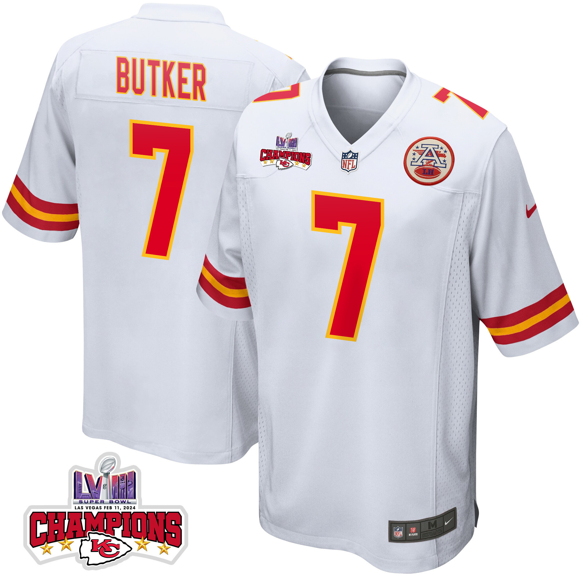 Harrison Butker 7 Kansas City Chiefs Super Bowl LVIII Champions 4 Stars Patch Game Men Jersey - White
