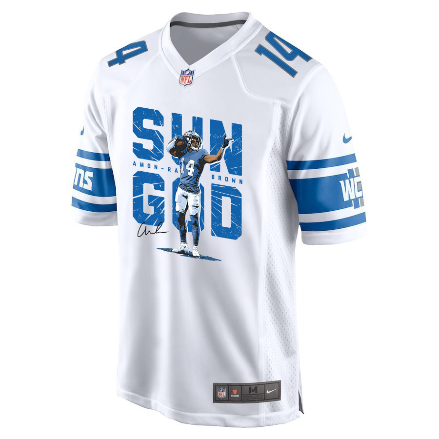 Amon-Ra St. Brown 14 Detroit Lions Signed Scratch Sun God Game Men Jersey - White