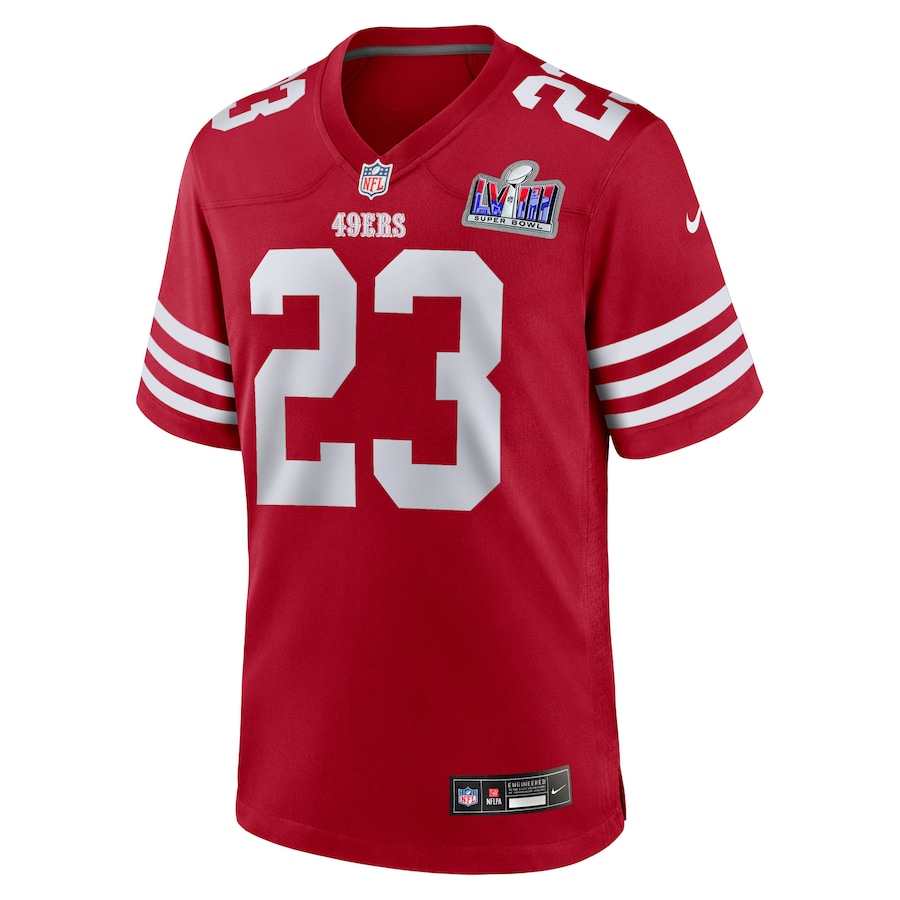 Mens San Francisco 49ers Christian McCaffrey Scarlet Super Bowl LVIII Game Jersey