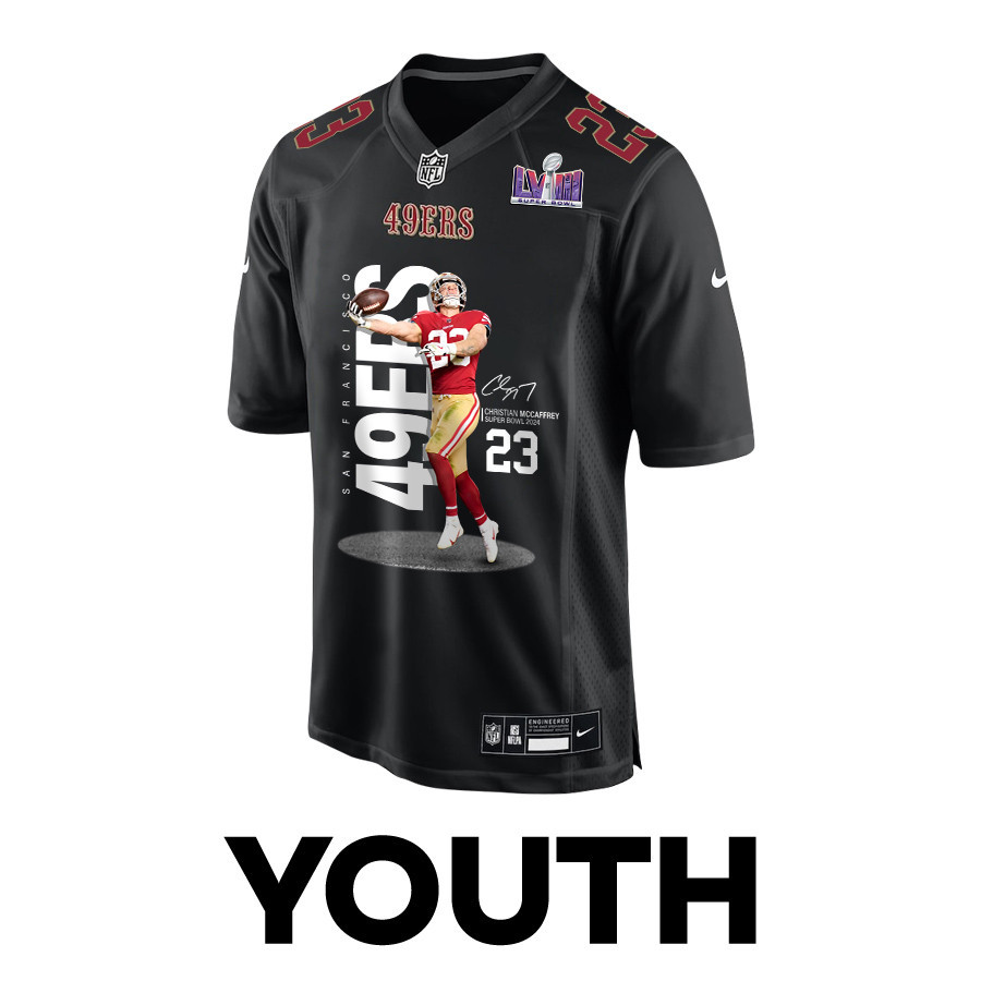 Christian McCaffrey 23 San Francisco 49ers Throwing Ball Signed Fashion Game YOUTH Jersey - Carbon Black