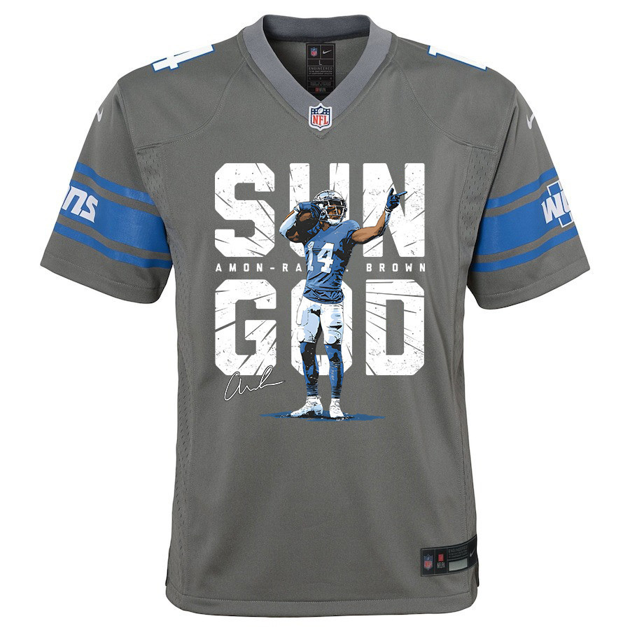 Amon-Ra St. Brown 14 Detroit Lions Signed Scratch Sun God Game YOUTH Jersey - Silver