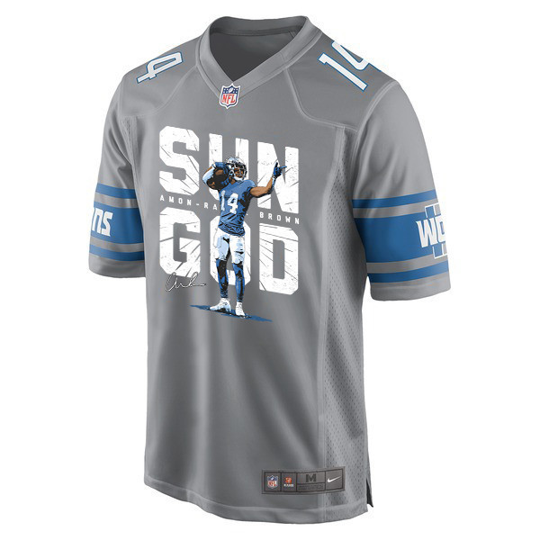 Amon-Ra St. Brown 14 Detroit Lions Signed Scratch Sun God Game Men Jersey - Silver