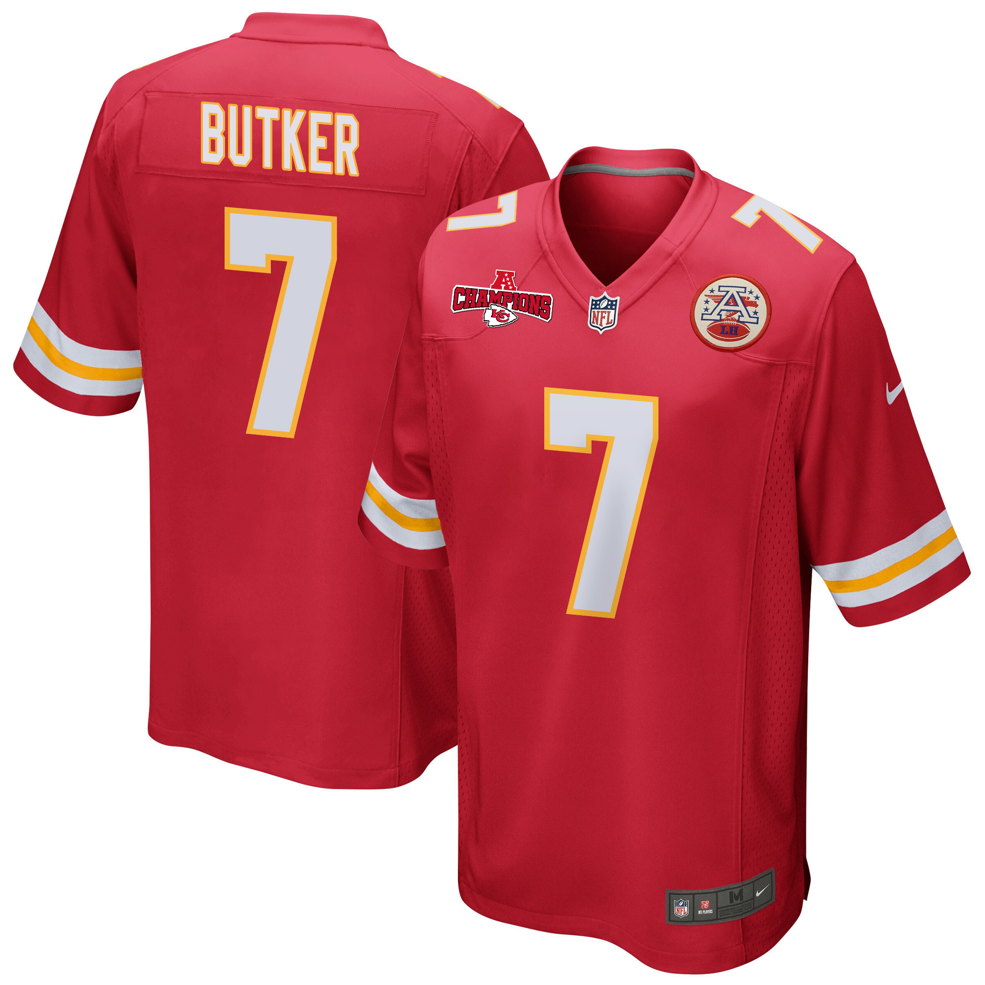 Harrison Butker 7 Kansas City Chiefs AFC Champions Patch Game Men Jersey - Red