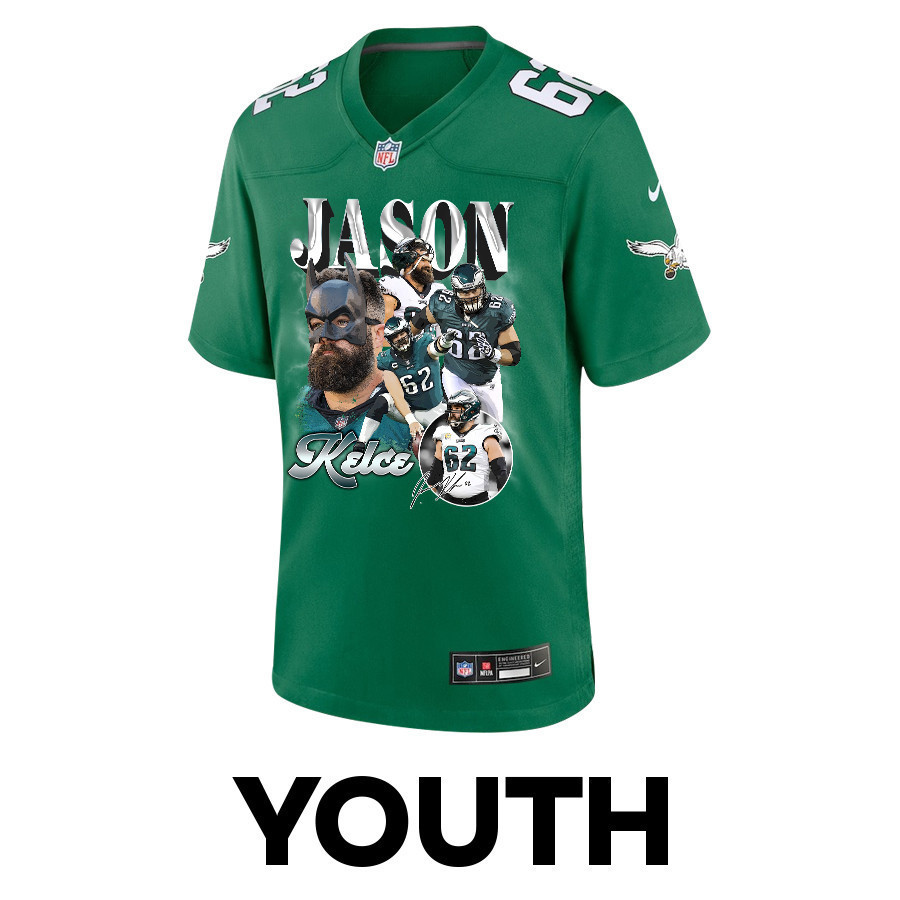 Jason Kelce 62 Philadelphia Eagles Fat Batman Signed Game YOUTH Jersey - Kelly Green