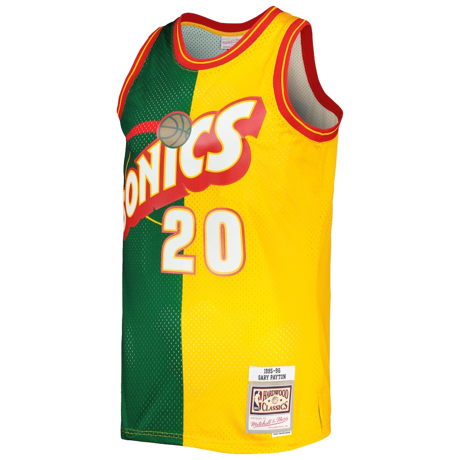 Men's Seattle SuperSonics Gary Payton Mitchell & Ness Green/Gold Hardwood Classics 1995/96 Split Swingman Jersey
