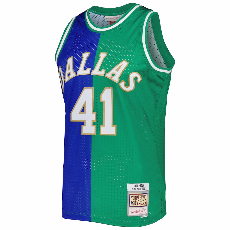 Men's Dallas Mavericks Dirk Nowitzki Mitchell & Ness Blue/Green Hardwood Classics 1998/2019 Split Swingman Jersey