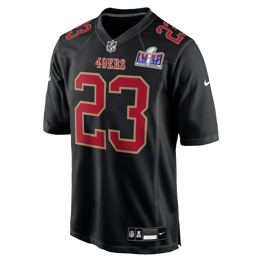 Mens San Francisco 49ers Christian McCaffrey Black Super Bowl LVIII Carbon Fashion Game Player Jersey