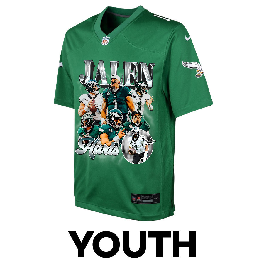 Jalen Hurts 1 Philadelphia Eagles Go Directly To Jalen Game YOUTH Jersey - Kelly Green