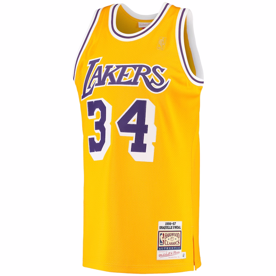 Men's Los Angeles Lakers Shaquille O'Neal Mitchell & Ness Gold 1996/97 Hardwood Classics Authentic Jersey