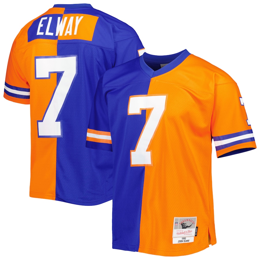 Mens Denver Broncos John Elway Royal/Orange 1990 Split Legacy Replica Jersey
