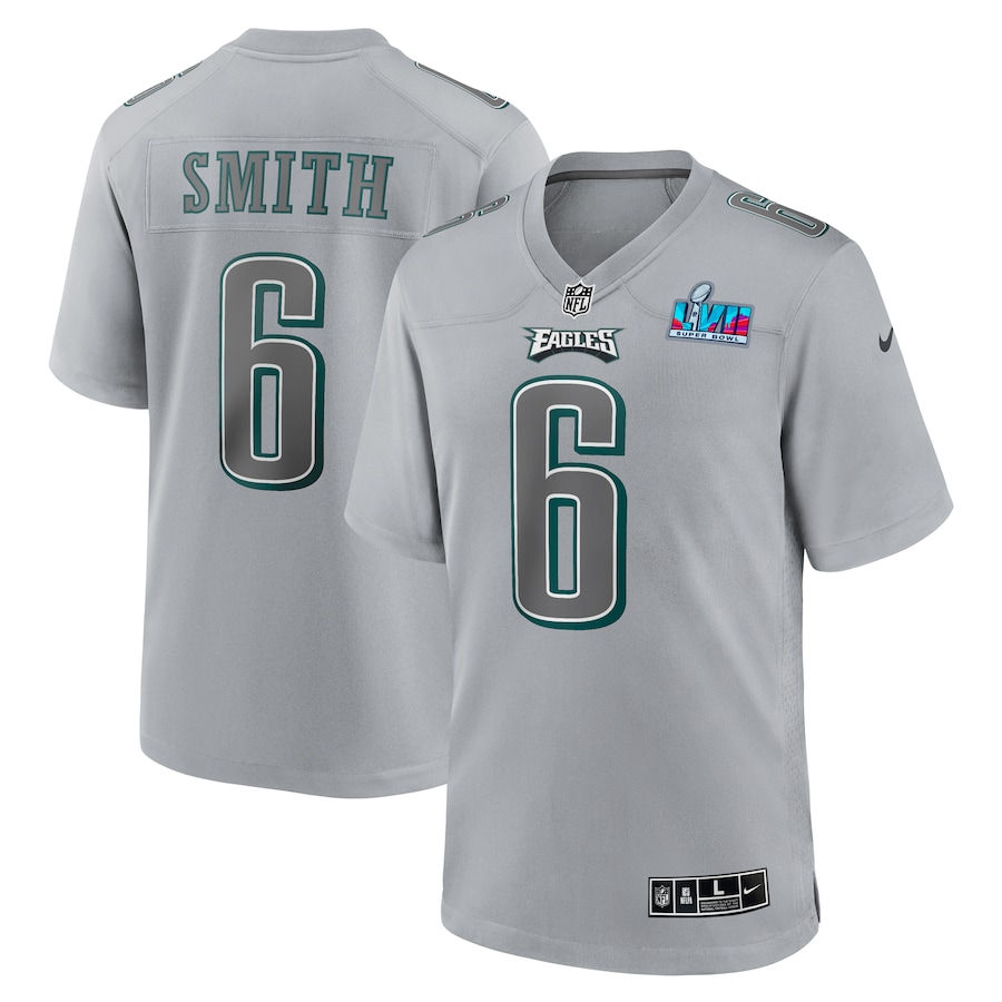 Mens Philadelphia Eagles DeVonta Smith Gray Super Bowl LVII Patch Atmosphere Fashion Game Jersey