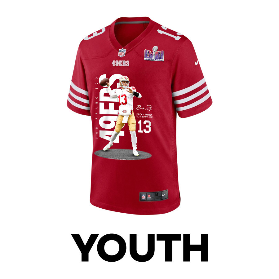 Brock Purdy 13 San Francisco 49ers Throwing Ball Game YOUTH Jersey - Scarlet