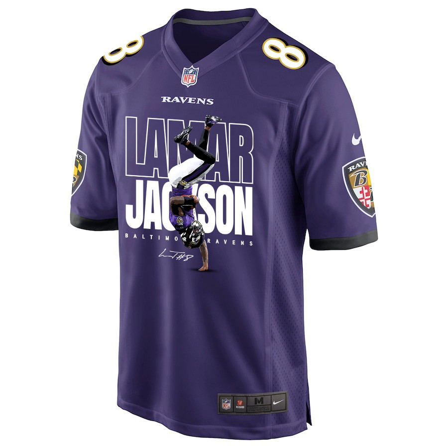 Lamar Jackson 8 Baltimore Ravens Lamar the Merrier Game Men Jersey - Purple