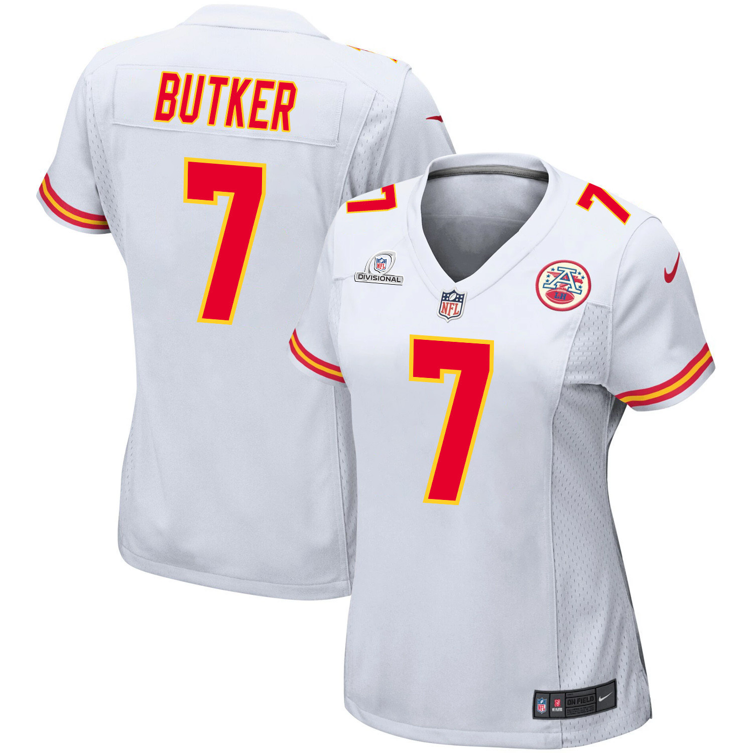 Harrison Butker 7 Kansas City Chiefs 2024 Divisional Patch Game Women Jersey - White
