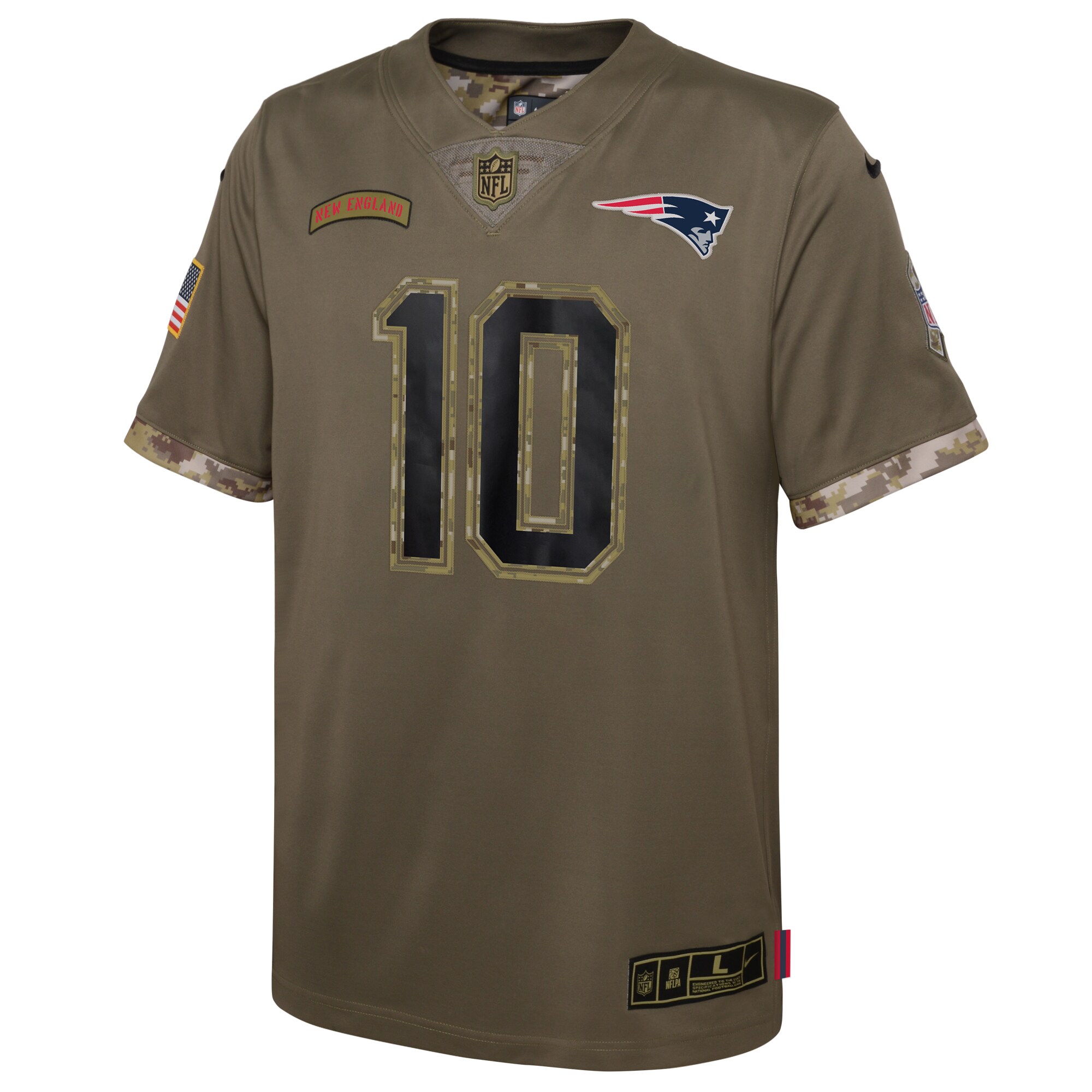 Mac Jones New England Patriots Youth 2022 Salute To Service Player Limited Jersey - Olive