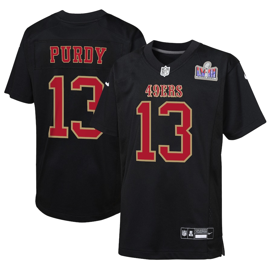 Youth San Francisco 49ers Brock Purdy Black Super Bowl LVIII Patch Carbon Fashion Game Jersey