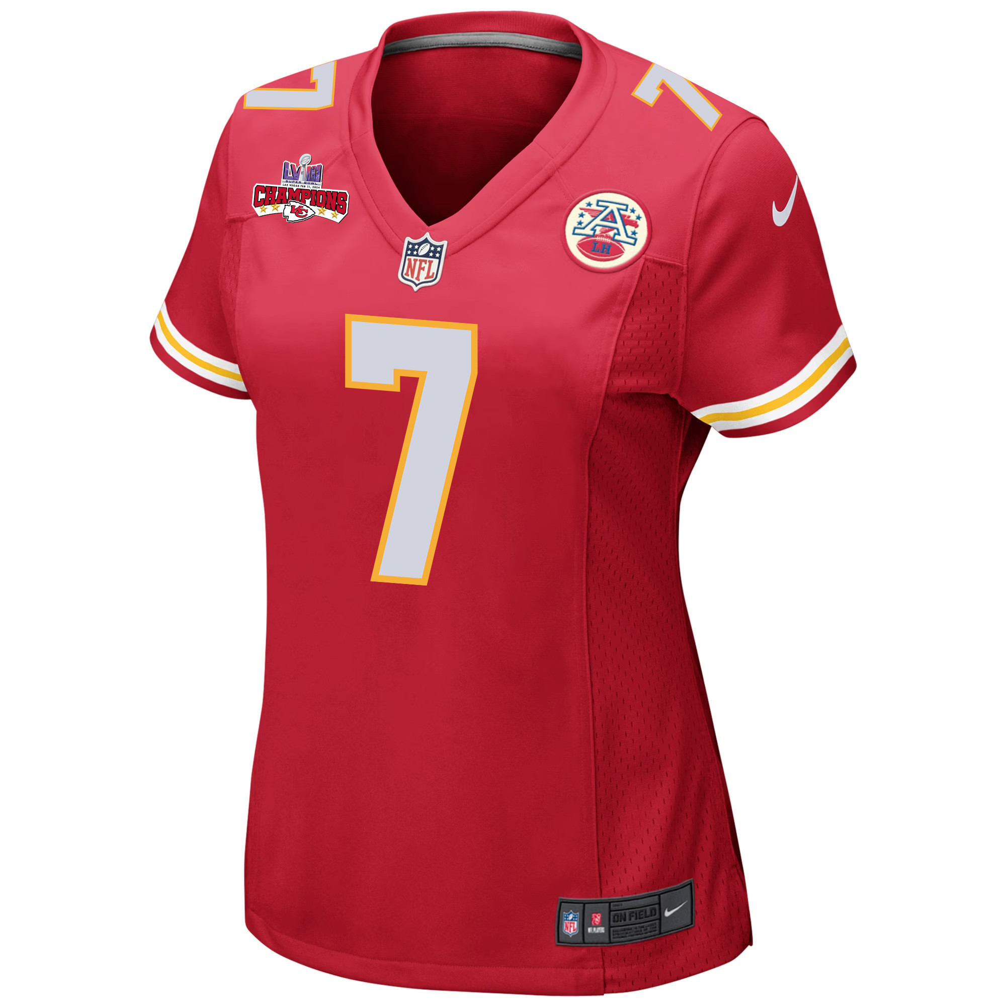 Harrison Butker 7 Kansas City Chiefs Super Bowl LVIII Champions 4 Stars Patch Game Women Jersey - Red