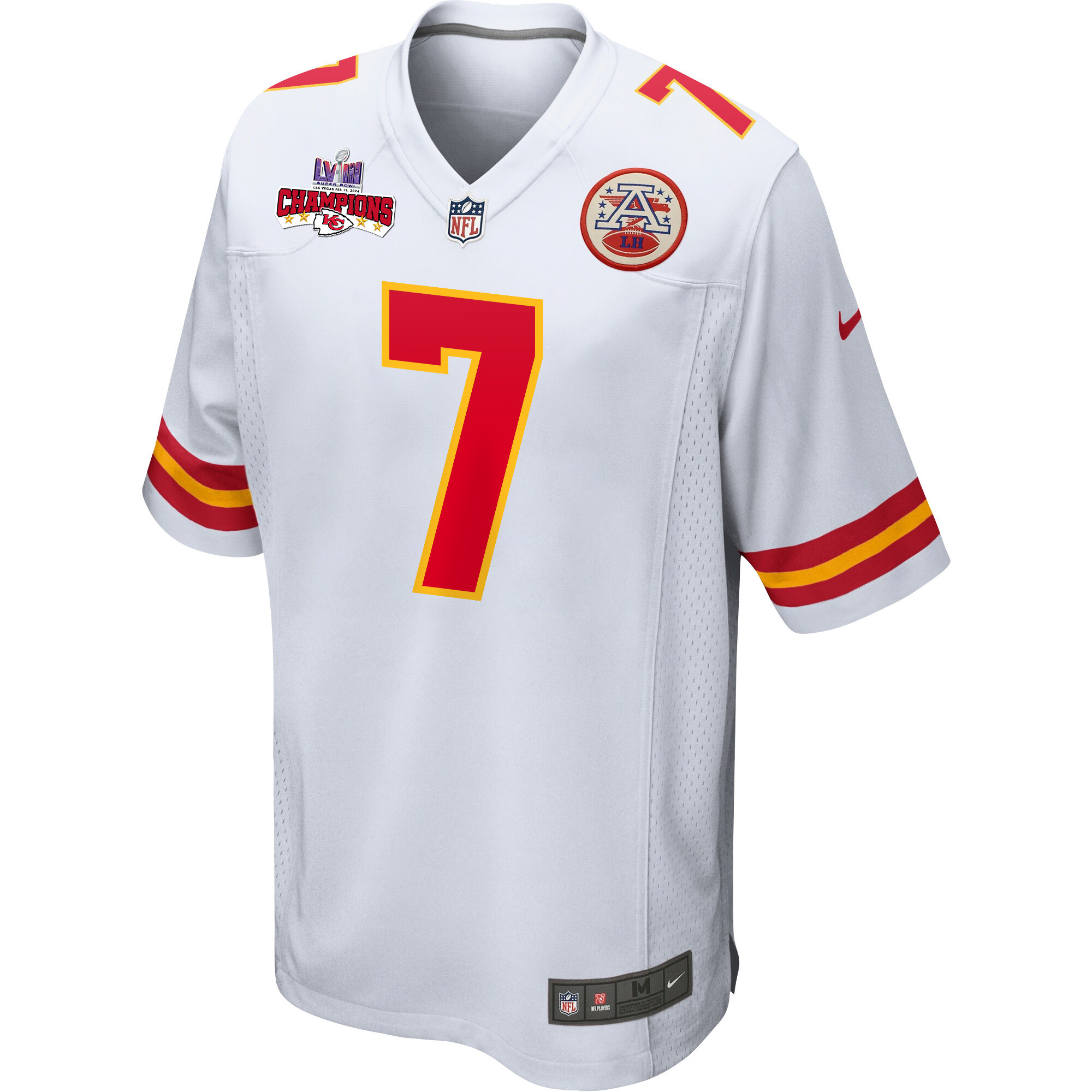 Harrison Butker 7 Kansas City Chiefs Super Bowl LVIII Champions 4 Stars Patch Game Men Jersey - White