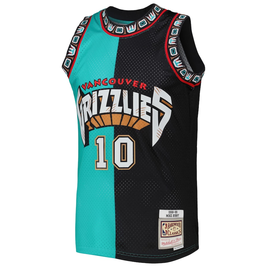 Men's Vancouver Grizzlies Mike Bibby Mitchell & Ness Turquoise/Black Hardwood Classics 1998/99 Split Swingman Jersey