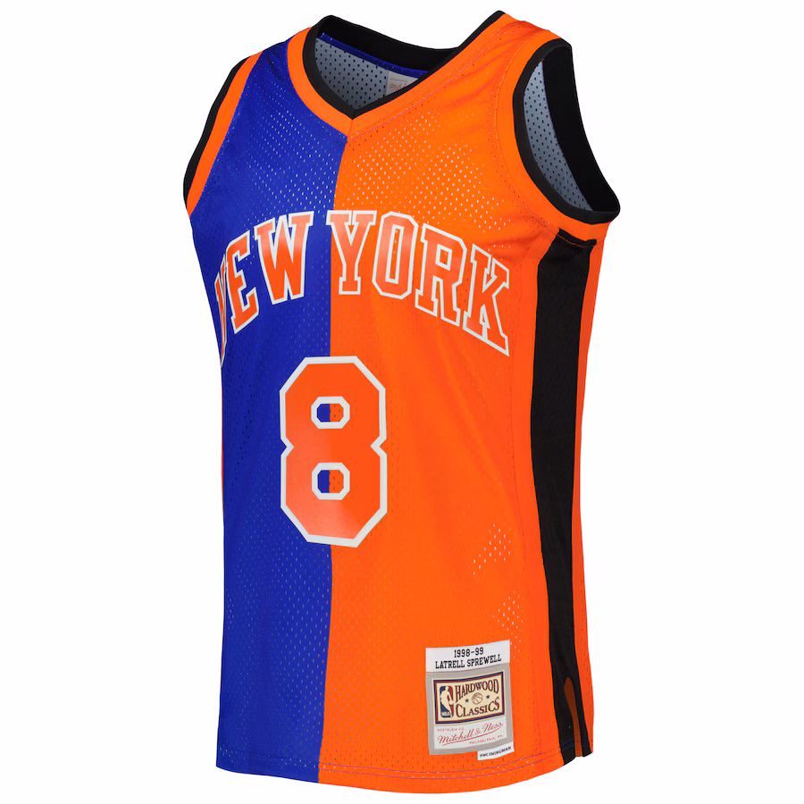 Men's New York Knicks Latrell Sprewell Mitchell & Ness Blue/Orange Hardwood Classics 1998/99 Split Swingman Jersey