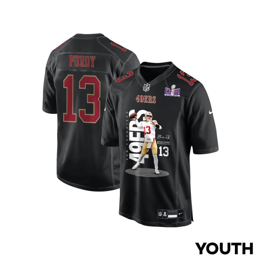 Brock Purdy 13 San Francisco 49ers Throwing Ball Fashion Game YOUTH Jersey - Carbon Black