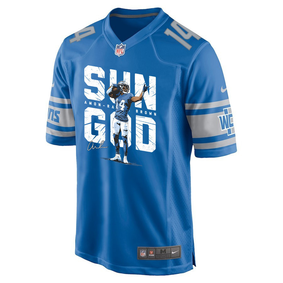Amon-Ra St. Brown 14 Detroit Lions Signed Scratch Sun God Game Men Jersey - Blue
