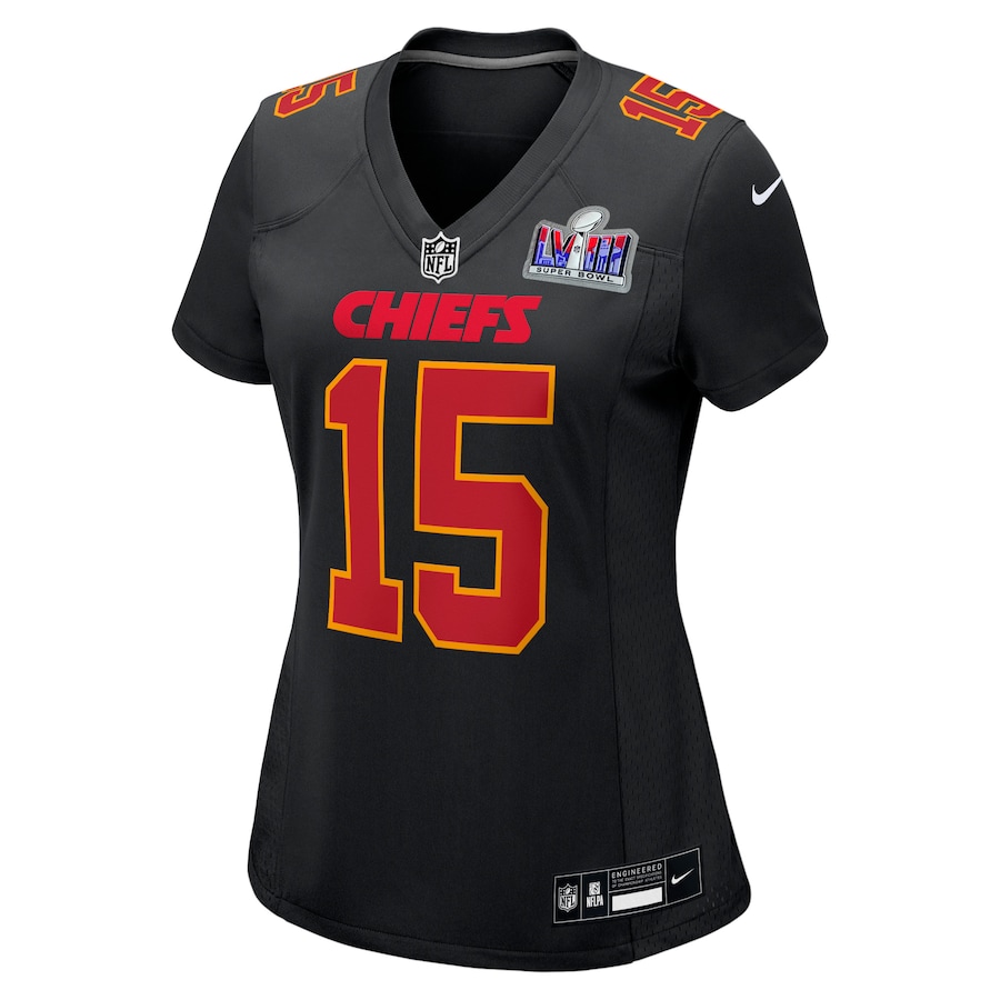 Womens Kansas City Chiefs Patrick Mahomes Black Super Bowl LVIII Carbon Fashion Game Player Jersey