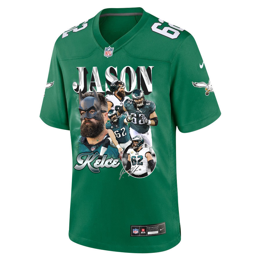 Jason Kelce 62 Philadelphia Eagles Fat Batman Signed Game Men Jersey - Kelly Green
