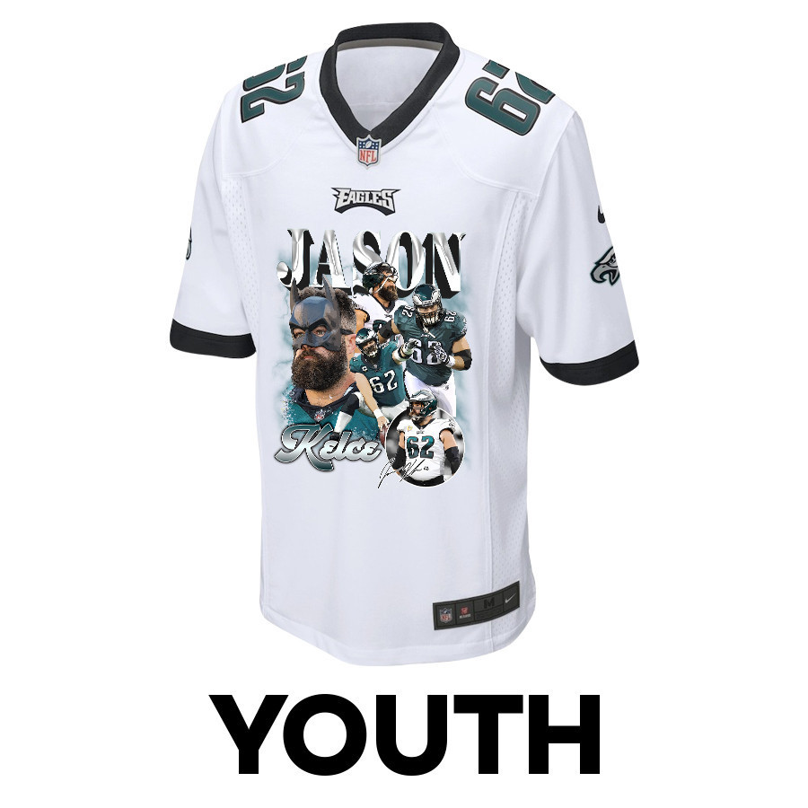Jason Kelce 62 Philadelphia Eagles Fat Batman Signed Game YOUTH Jersey - White