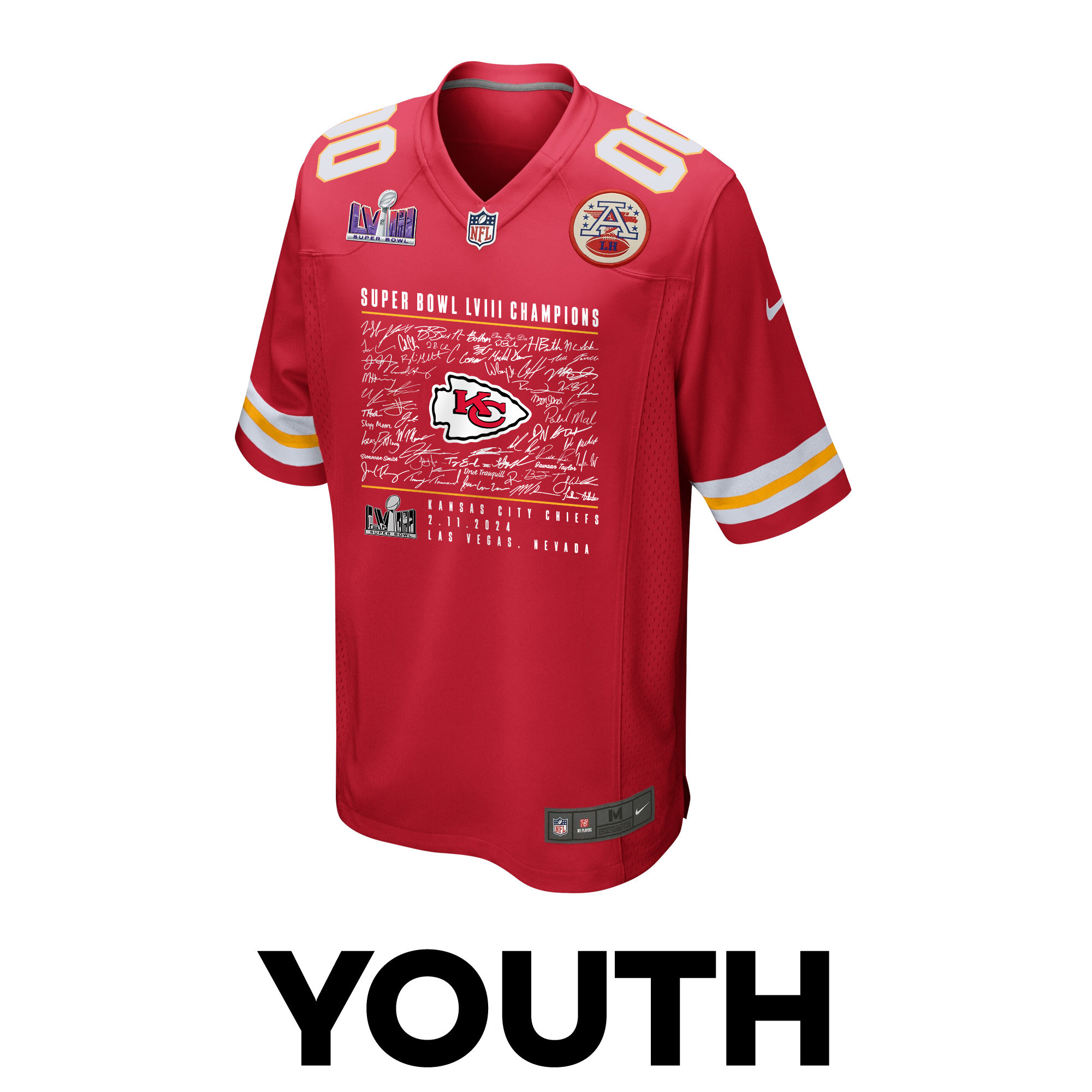 Kansas City Chiefs Super Bowl LVIII Champions Roster Autograph Signing Game YOUTH Jersey - Scarlet