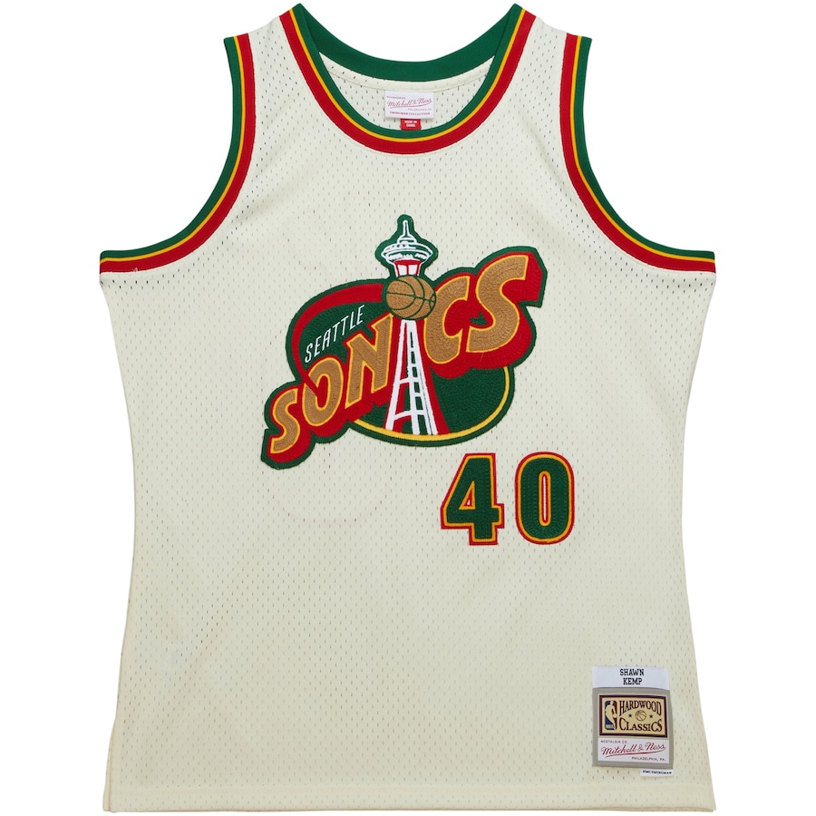 Men's Seattle SuperSonics Shawn Kemp Mitchell & Ness Cream Chainstitch Swingman Jersey