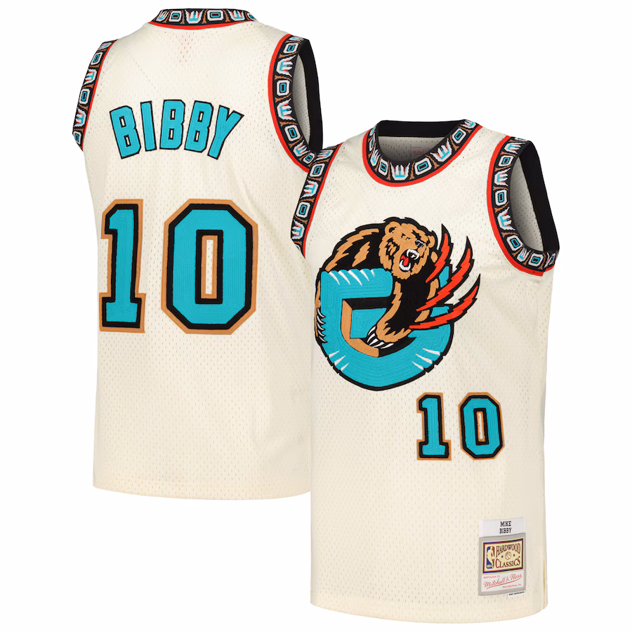 Men's Vancouver Grizzlies Mike Bibby Mitchell & Ness Cream Chainstitch Swingman Jersey