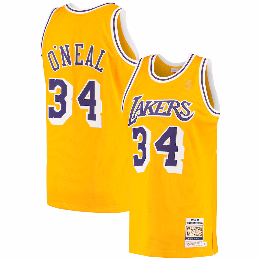 Men's Los Angeles Lakers Shaquille O'Neal Mitchell & Ness Gold 1996/97 Hardwood Classics Authentic Jersey