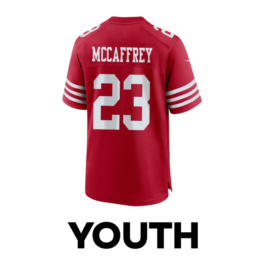 Christian McCaffrey 23 San Francisco 49ers Throwing Ball Game YOUTH Jersey - Scarlet