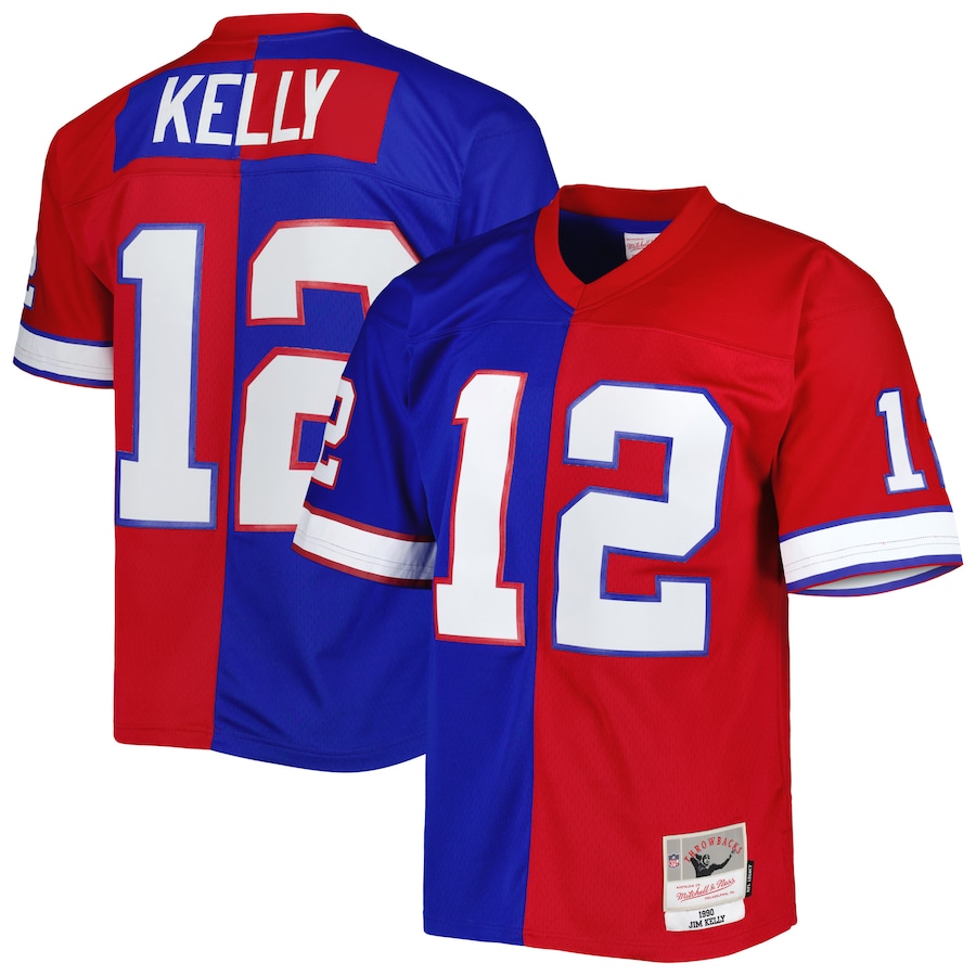 Mens Buffalo Bills Jim Kelly Royal/Red 1990 Split Legacy Replica Jersey