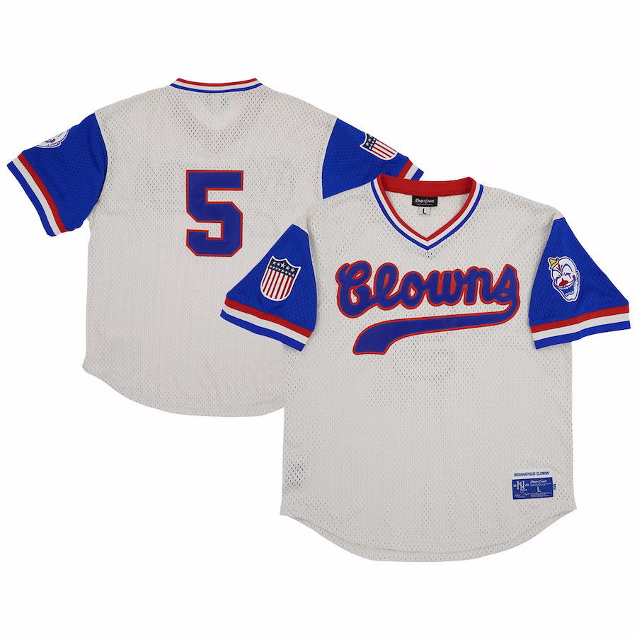 Men's Indianapolis Clowns #5 Rings & Crwns Cream Mesh Replica V-Neck Jersey