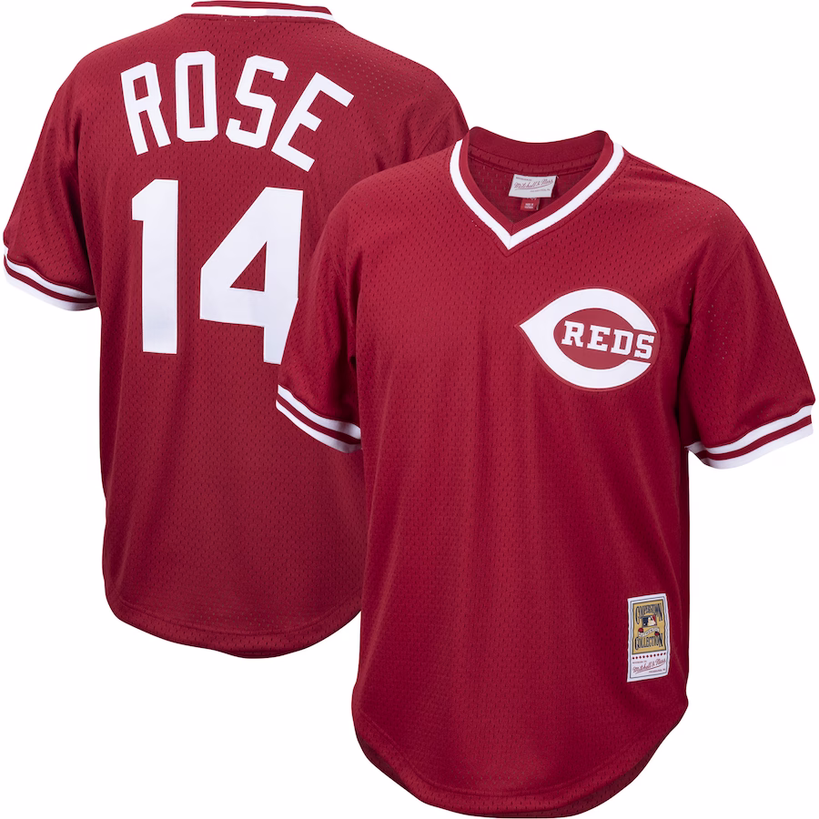 Youth Cincinnati Reds Pete Rose Mitchell & Ness Red Cooperstown Collection Mesh Batting Practice Jersey
