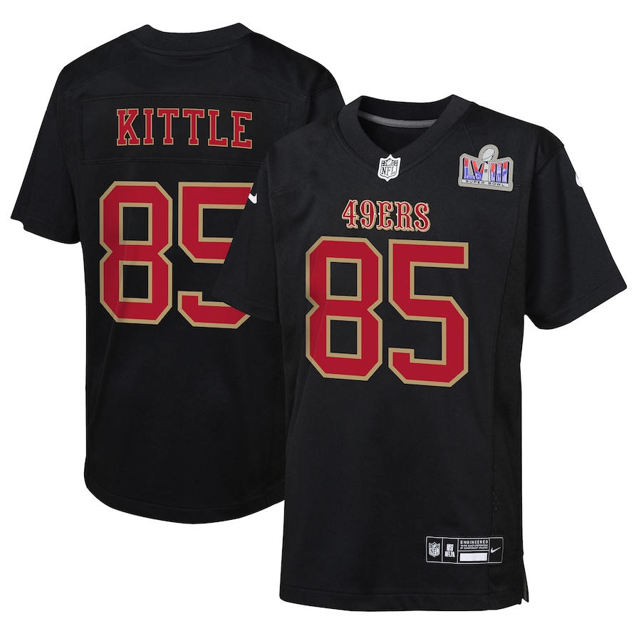 Youth San Francisco 49ers George Kittle Black Super Bowl LVIII Patch Carbon Fashion Game Jersey