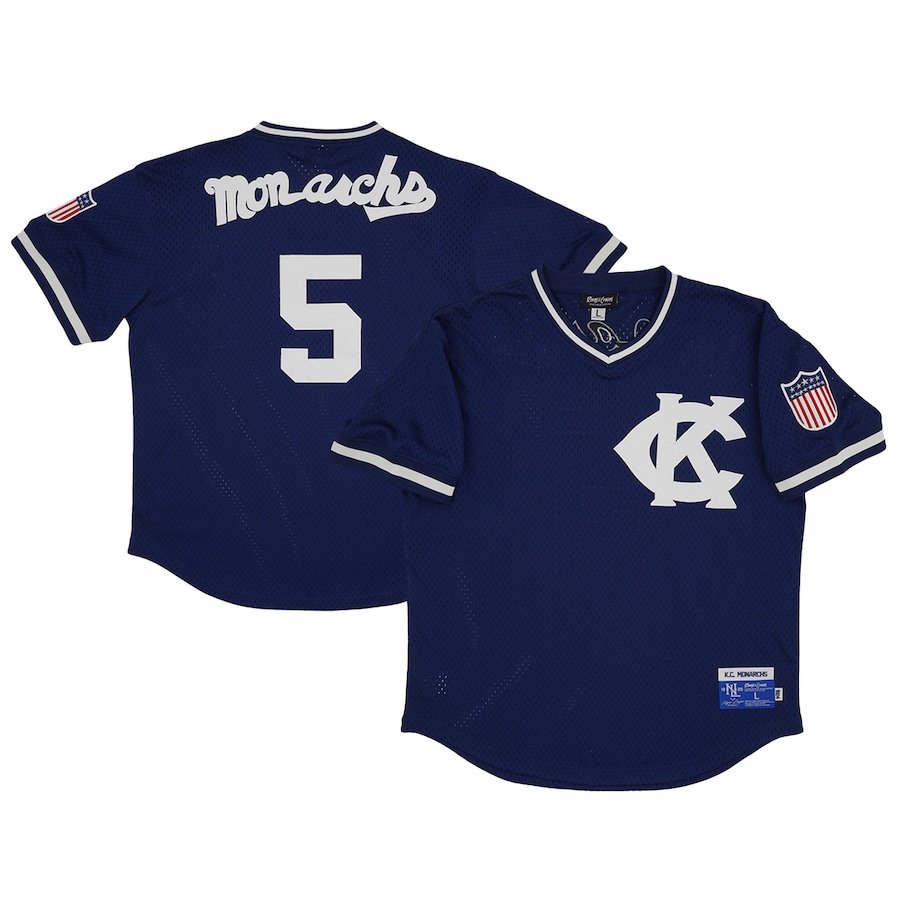 Men's MLB Kansas City Monarchs #5 Rings & Crwns Navy Mesh Replica V-Neck Jersey